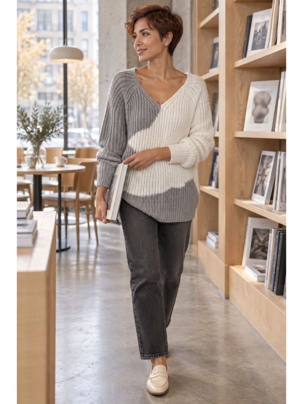 House of Harlow 1960 Adrienne Sweater XS Gray Ivory V Neck Chunky Knit - Picture 5 of 9